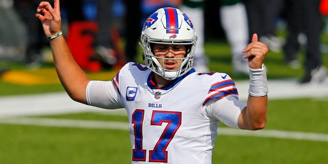 Buffalo Bills quarterback Josh Allen (17) calls a play during the second half of an NFL football game against the New York Jets in Orchard Park, N.Y., Sunday, Sept. 13, 2020. (AP Photo/Jeffrey T. Barnes)