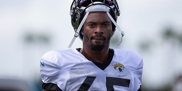 Jacksonville Jaguars defensive lineman K'Lavon Chaisson (45) during training camp on Aug. 27, 2020, at the DreamFinders Homes Practice Complex in Jacksonville, Fla. (David Rosenblum/Icon Sportswire via Getty Images)