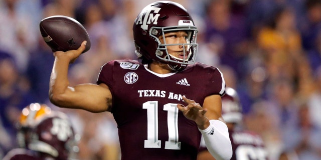 In this Nov. 30, 2019, file photo, Texas A&M quarterback Kellen Mond throws a pass during the first half of the team's NCAA college football game against LSU in Baton Rouge, La. Mond will lead No. 10 Texas A&M in the opener against Vanderbilt on Saturday, Sept. 26, 2020. (AP Photo/Gerald Herbert, File)