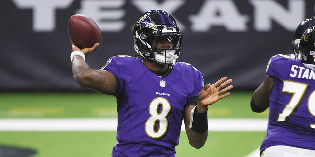 Baltimore Ravens quarterback Lamar Jackson (8) throws against the Houston Texans during the first half of an NFL football game Sunday, Sept. 20, 2020, in Houston. (AP Photo/Eric Christian Smith)