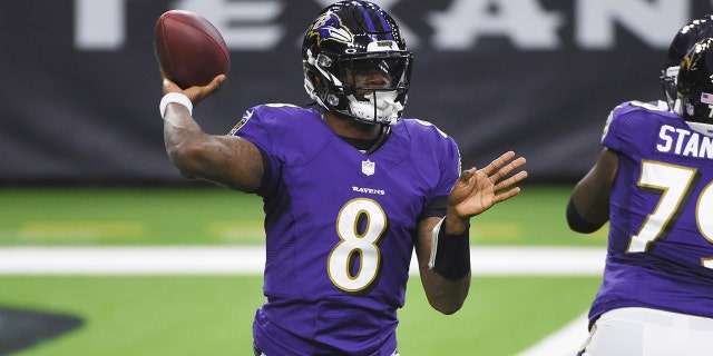 Baltimore Ravens quarterback Lamar Jackson (8) throws against the Houston Texans during the first half of an NFL football game Sunday, Sept. 20, 2020, in Houston. (AP Photo/Eric Christian Smith)