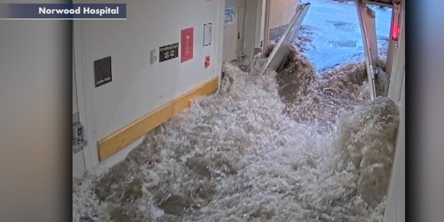 Flash flooding struck Norwood Hospital in Norwood, Mass., on June 28, 2020.