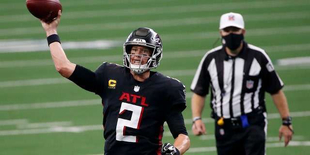 Atlanta Falcons quarterback Matt Ryan (2) throws a pass in the second half of an NFL football game against the Dallas Cowboys in Arlington, Texas, Sunday, Sept. 20, 2020. (AP Photo/Ron Jenkins)