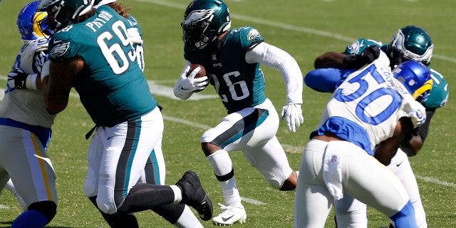 Philadelphia Eagles' Miles Sanders runs for a touchdown during the first half of an NFL football game against the Los Angeles Rams, Sunday, Sept. 20, 2020, in Philadelphia. (AP Photo/Laurence Kesterson)
