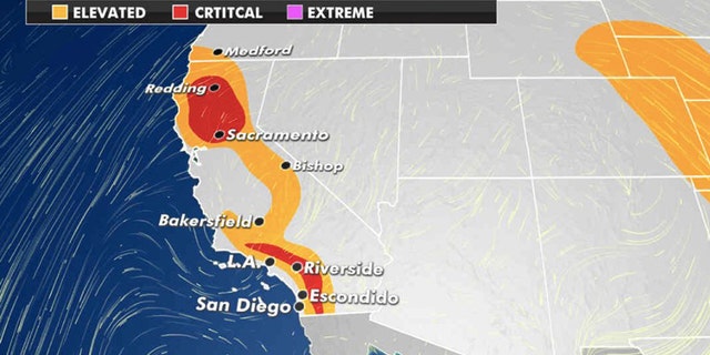 Dangerous fire weather conditions stretch through California on Monday, Sept. 28, 2020.