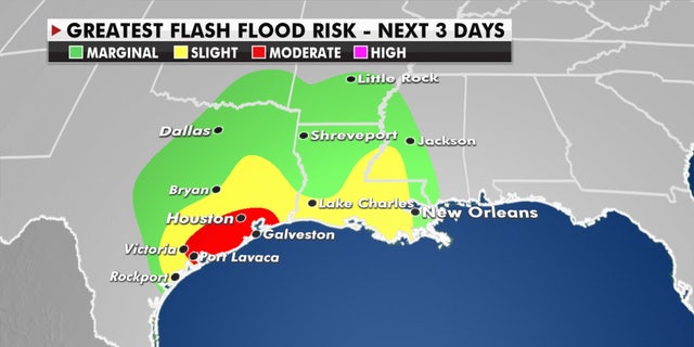 The greatest flash flood risks over the next three days from Tropical Storm Beta.