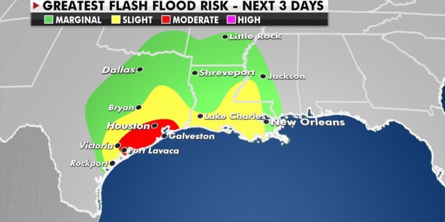 The greatest flash flood risks over the next three days from Tropical Storm Beta.