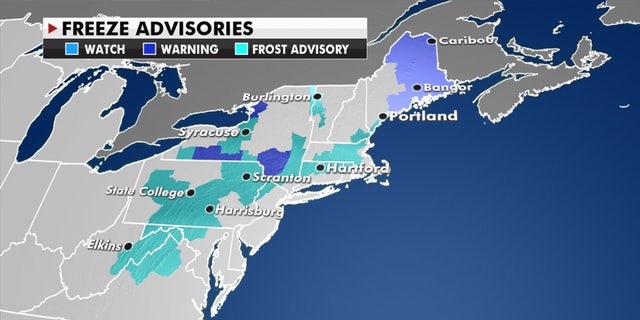 A brisk air mass has resulted in frost and freeze advisories across the Northeast.