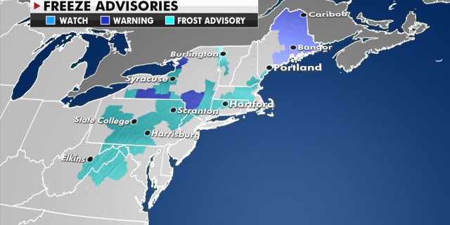 A brisk air mass has resulted in frost and freeze advisories across the Northeast.