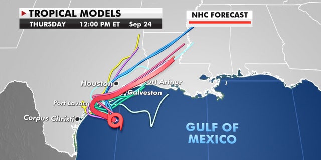 Forecast models showing where Tropical Storm Beta will head next.
