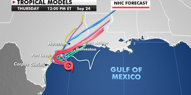 Forecast models showing where Tropical Storm Beta will head next.