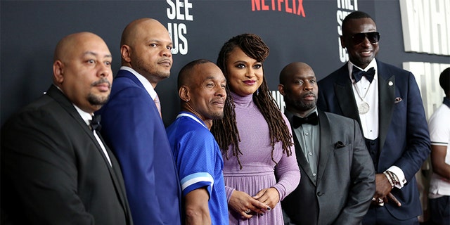 From left are Raymond Santana Jr., Kevin Richardson, Korey Wise, Ava DuVernay, Antron Mccray, and Yusef Salaam, as they attend the World Premiere of Netflix's 'When They See Us' at the Apollo Theater in New York City, May 20, 2019. (Getty Images)