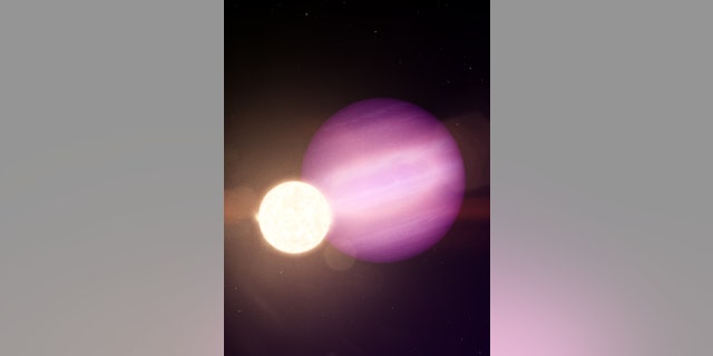 In this illustration, WD 1856 b, a potential Jupiter-sized planet, orbits its much smaller host star, a faint white dwarf.