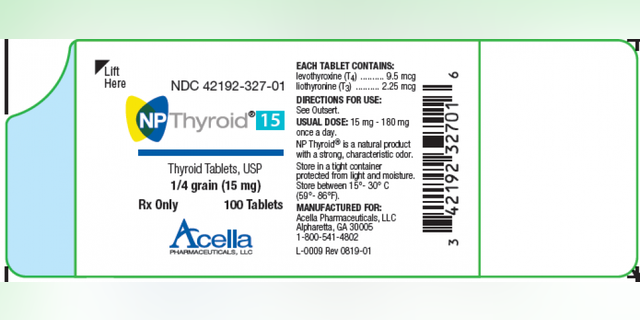 Acella Pharmaceuticals is recalling two lots of NP Thyroid, which “may have as low as 87% of the labeled amount of levothyroxine,” or less than the required amount. (Photo courtesy of the FDA)