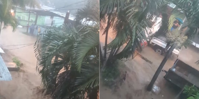 Rua inundada e chuva forte em Coxen Hole, na ilha de Roatan, em Honduras, enquanto Nana passava na quarta-feira.