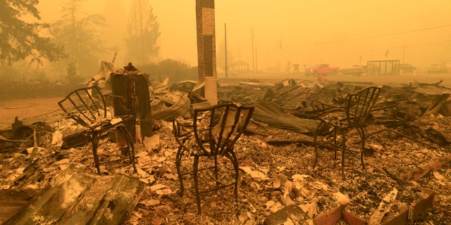 Three chairs are all that remain at the Gates Post office in Gates, Ore., Wednesday Sept 9, 2020.