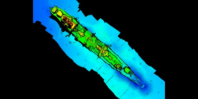 A sonar scan of sunken German WWII warship cruiser "Karlsruhe" that had been observed 13 nautical miles from Kristiansand in Norway, according to Statnett, is seen in this undated handout obtained by Reuters September 7, 2020. (Statnett/Handout via REUTERS) 