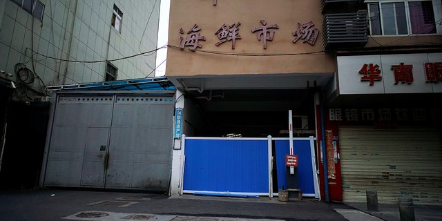 A blocked entrance to Huanan seafood market, where the coronavirus that can cause COVID-19 is believed to have first surfaced, is seen in Wuhan, Hubei province, China on March 30, 2020.