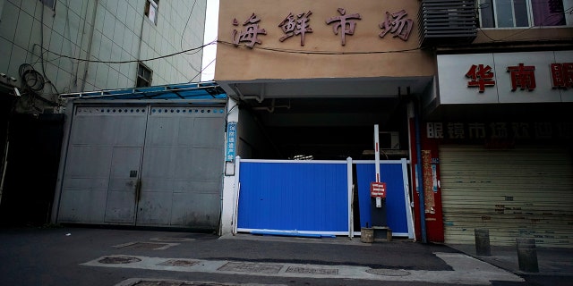 A blocked entrance to Huanan seafood market, where the coronavirus that can cause COVID-19 is believed to have first surfaced, is seen in Wuhan, Hubei province, China on March 30, 2020.