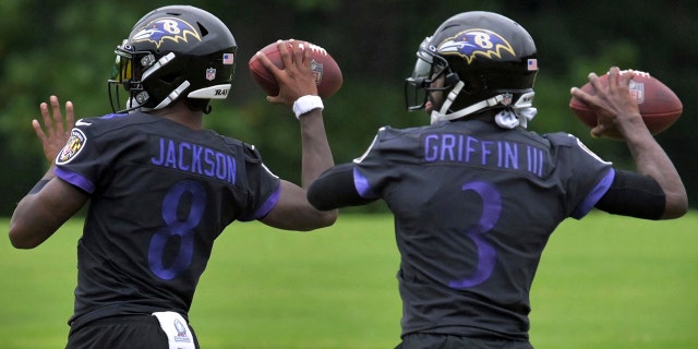 Ravens quarterback Lamar Jackson, left, was the NFL MVP. (Karl Merton Ferron/The Baltimore Sun via AP)