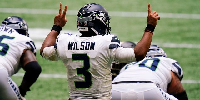 Seattle Seahawks quarterback Russell Wilson (3) calls a play against the Atlanta Falcons during the second half of an NFL football game, Sunday, Sept. 13, 2020, in Atlanta. (AP Photo/Brynn Anderson)