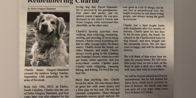 A South Carolina woman has eulogized her late, great golden Retriever in a moving obituary that is melting hearts on social media.