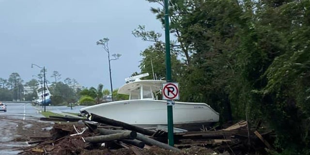 Flooding and damage can be seen on Okaloosa Island in Florida after Hurricane Sally made landfall on Sept. 16, 2020.