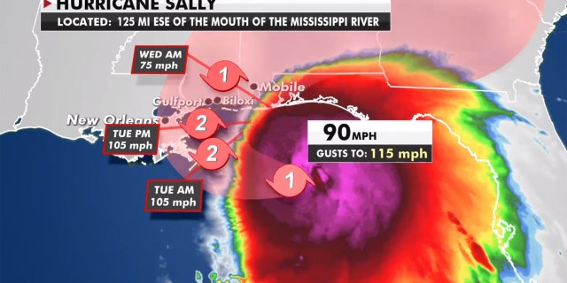 Hurricane Sally strengthens 'rapidly' as Gulf Coast braces, mandatory evacuations in Louisiana, Mississippi 3 The forecast track of Hurricane Sally.