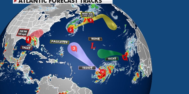 Forecast tracks of all of the current storms in the Atlantic basin.