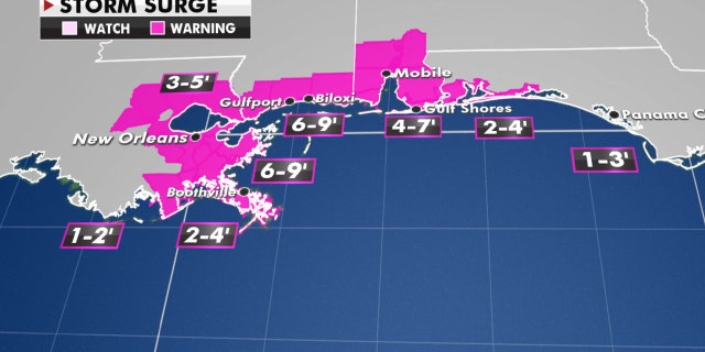 The expected storm surge from Hurricane Sally.