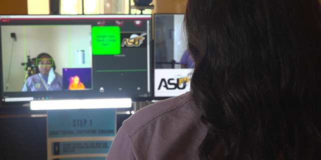 One machine checks students' vitals and temperature before entering classrooms.