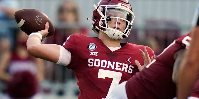Oklahoma quarterback Spencer Rattler throws during the first half of the team's NCAA college football game against Missouri State in Norman, Okla. Rattler passed for 290 yards and four touchdowns in his first career start as Oklahoma defeated Missouri State. Oklahoma faces Kansas State this week. (AP Photo/Sue Ogrocki, Pool, File)