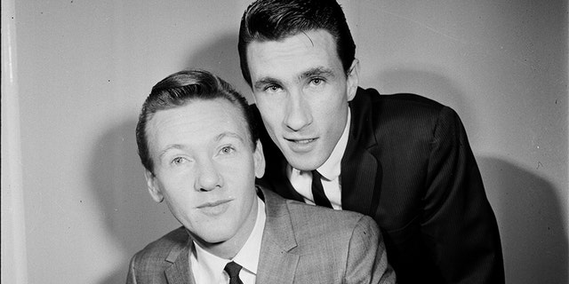 Bobby Hatfield (front) and Bill Medley of The Righteous Brothers, backstage, London, 1965.