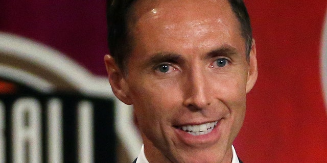 FILE - In this Sept. 7, 2018, file photo, Steve Nash speaks during induction ceremonies at the Basketball Hall of Fame, in Springfield, Mass. The Brooklyn Nets hired Steve Nash as their coach Thursday, Sept. 3, 2020, putting the Hall of Fame point guard in charge of the team that hopes to have Kevin Durant and Kyrie Irving together next season. (AP Photo/Elise Amendola, File)