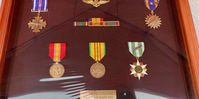 Photo shows medals awarded to Thomas Faleskie during a career in the Marines from 1958 to 1982, He served two years in Vietnam flying helicopters.