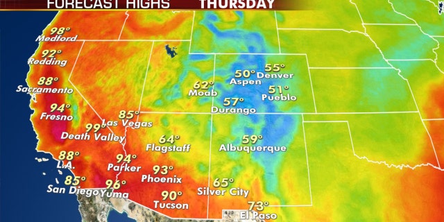 Forecast high temperatures for Thursday, Sept. 10, 2020.