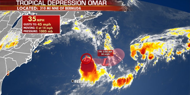 Omar has now weakened to a tropical depression as it passes north of Bermuda.