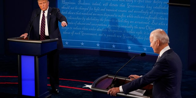 President Donald Trump responds to Democratic presidential candidate former Vice President Joe Biden during the first presidential debate Tuesday, Sept. 29, 2020, at Case Western University and Cleveland Clinic, in Cleveland, Ohio. (AP Photo/Morry Gash, Pool)