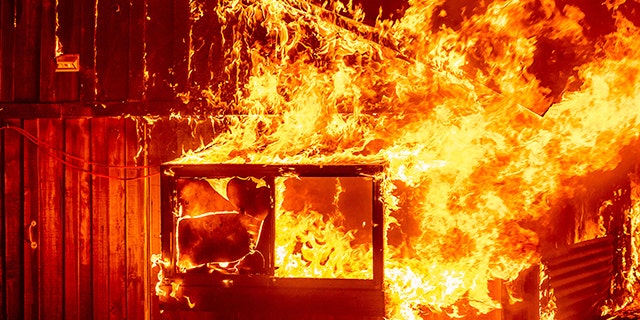 Flames shoot from a home as the Bear Fire burns through the Berry Creek area of Butte County, Calif., on Wednesday, Sept. 9, 2020. The blaze, part of the lightning-sparked North Complex, expanded at a critical rate of spread as winds buffeted the region. (AP Photo/Noah Berger)