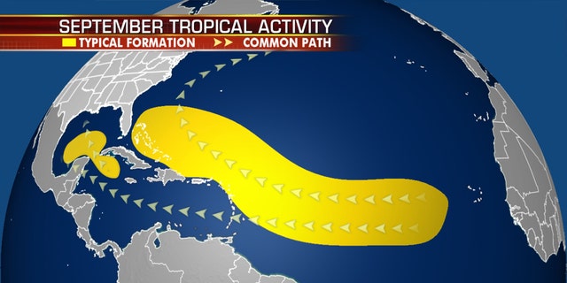 Where tropical systems tend to develop in the month of September.