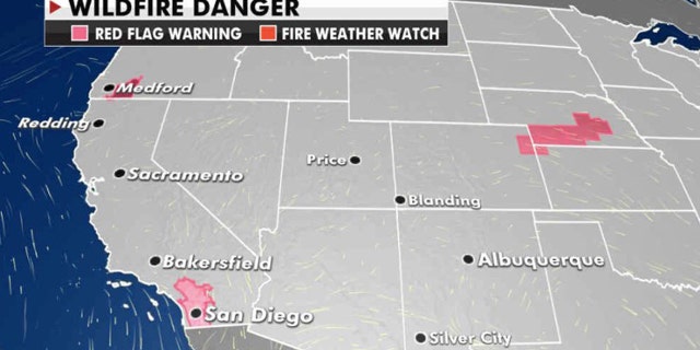 The greatest fire danger on Tuesday is in Southern California.
