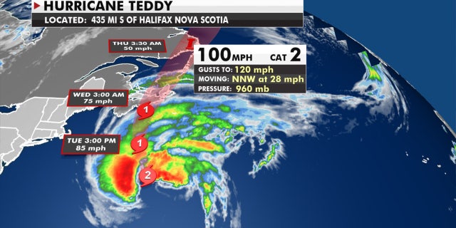 The forecast track of Hurricane Teddy.