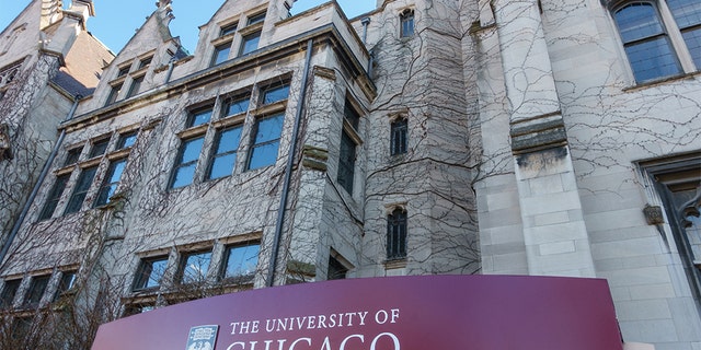 Sign for the University of Chicago in the Hyde Park area of Chicago, IL, USA on March 12, 2015.