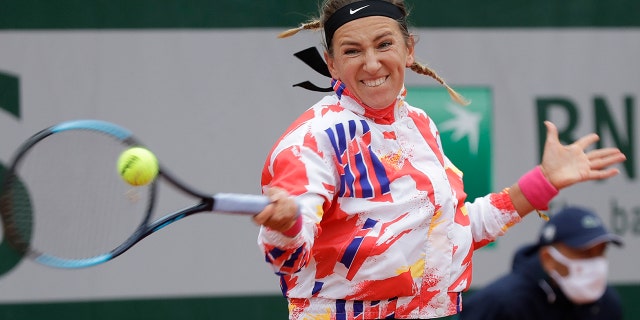 Victoria Azarenka of Belarus plays a shot against Montenegro's Danka Kovinic in a first-round match of the French Open at Roland Garros stadium in Paris, France, Sept. 27, 2020.