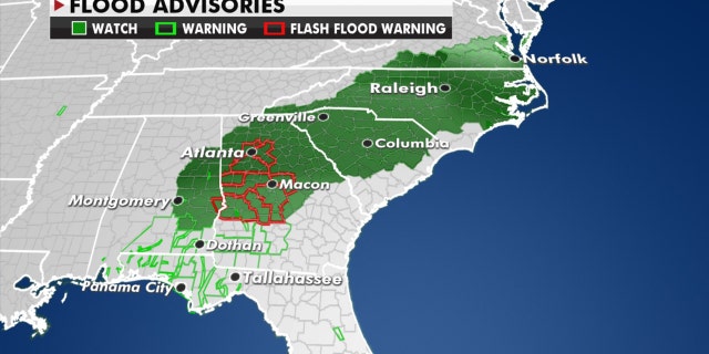 Flood advisories stretch through the Southeast as Sally treks inland.