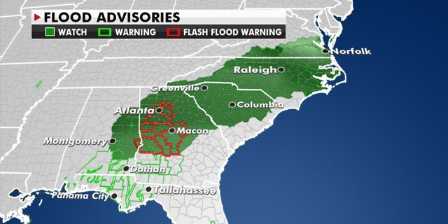 Flood advisories stretch through the Southeast as Sally treks inland.