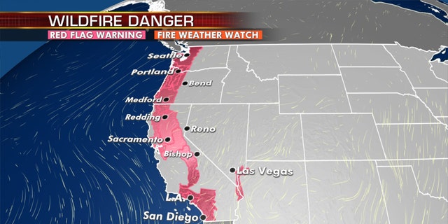 Red flag warnings stretch up the West Coast as dangerous fire conditions remain.