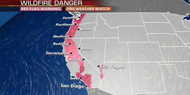 Red flag warnings stretch up the West Coast as dangerous fire conditions remain.