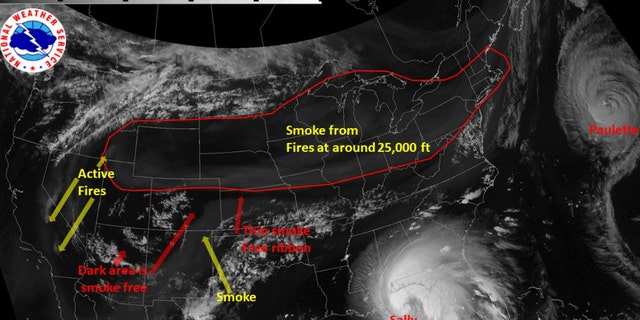Wildfire smoke extends from the West Coast all the way to New England in this satellite imagery from Sept. 14, 2020.