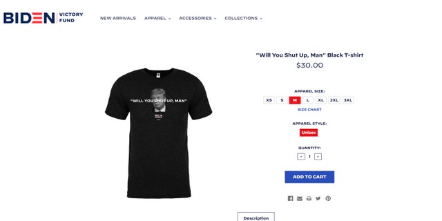 The shirt feature the phrase “Will You Shut Up, Man” emblazoned across a black-and-white image of Trump.